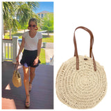 Round Soft Sided Woven Straw Shoulder Bag with Brown Straps