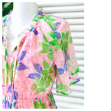 Light Pink, Lavender & Bright Green Floral Print Swiss Dot Tiered Hem Ruffle Neck Dress