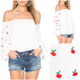Embroidered Cherry Print Off the Shoulder Balloon Sleeve Top🍒