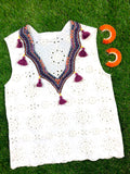 White Eyelet Sleeveless Embroidered Top with Fuchsia Tassels & Scalloped Hem