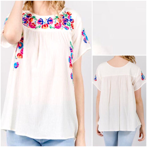 Ivory Short Sleeve Top with Multicolor Flower Embroidery