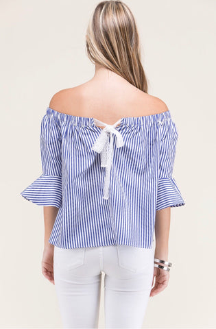 Blue White Stripe 3/4 Bell Sleeve Top with Back Ribbon Tie