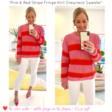 Pink & Red Stripe Fringe Knit Crewneck Sweater