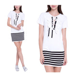 White Short Sleeve Dress with Ruffle Lace Up Front & Black Stripe Contrast