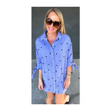 Blue Star Print Button Down Shirtdress with Sleeve Ties