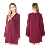 Wine Red Bell Sleeve Shift Dress with Crisscross Front Detail