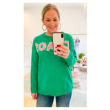 Kelly Green & Embroidered Pink Knit CHAOS Sweater
