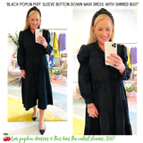 Black Poplin Puff Sleeve Button Down Maxi Dress with Shirred Bust