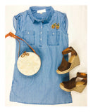 Chambray Mini Shirt Dress with Cap Sleeves & POCKETS