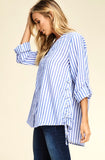 Blue White Stripe Button Down High Low Top with Side Ties