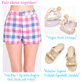 Pink Blue & Off White Buffalo Check Shorts with Pockets