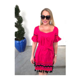 Magenta Bell Sleeve Belted Dress with Ric Rac Embroidery & Tassel Hem ...