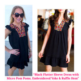 Black Flutter Sleeve Dress with Micro Pom Poms, Embroidered Yoke & Ruffle Hem