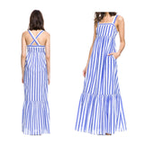 Marine Blue Stripe Shirred Hem Maxi Dress with Crisscross Back & Pockets
