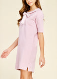 Pink Short Sleeve Knit Dress with Grosgrain Ribbon Collar Tie