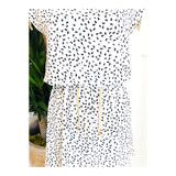 White & Black Spot Short Sleeve Dress with Taupe Textured Ribbon Waist & Shoulder Ties & Keyhole Back