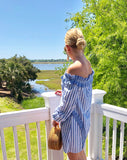 Blue White Wide Stripe Off the Shoulder Tunic Dress with Ruffle Bust & Rear Hem Detail