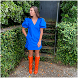 Blue or Black Cotton Puff Sleeve Cabo Dress with Optional Belt Sash