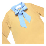 Light Camel Soft Knit Sweater Dress with Blue Contrast Shirttail Hem
