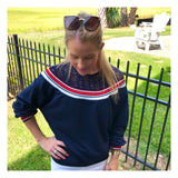 Navy Sweatshirt with Subtle Lace Detail & Red White Stripe Banded Accents
