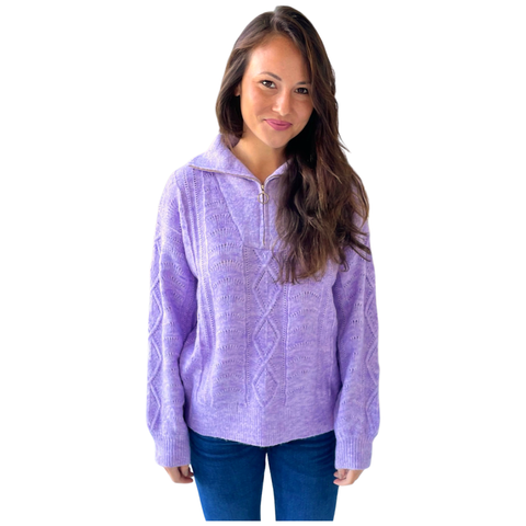 Lucia Cashmere Blend Pointelle Knit Quarter Zip Sweater in French Blue & Lavender