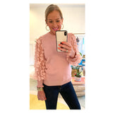 Black OR Blush Pink Fine Knit Top with Semi Sheer Flower Appliqué Sleeves & Banded Waist