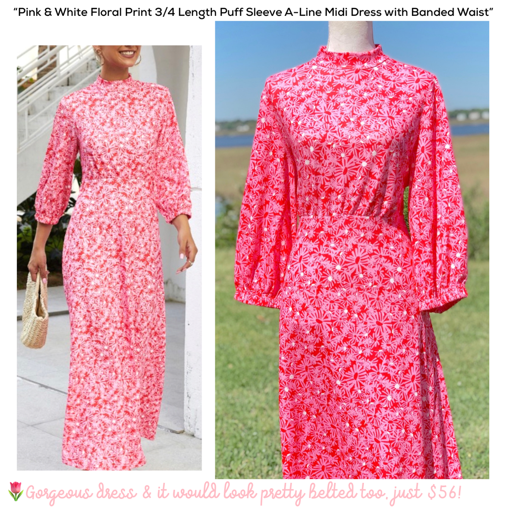 Pink Belted 3/4 Sleeve Print Dresses