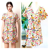 Cream & Multicolor Abstract Print Faux Wrap Dress with Elastic Waist & Ruffle Sleeves