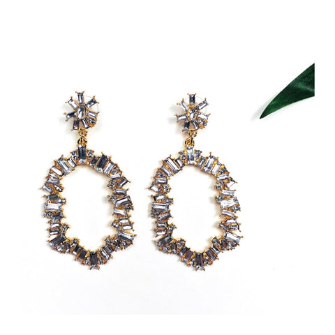 Flower Emerald Cut Rhinestone Oval Cluster Earrings