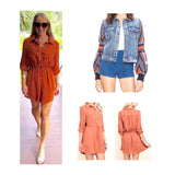Terracotta 3/4 Sleeve OR Long Sleeve Button Down Shirtdress with Tie Waist