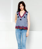 Navy Embroidered Gingham Top with Scalloped Hem & Navy Tassels