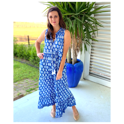 Plume Block Print Ruffle Maxi Dress