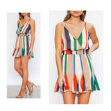 Multicolor Stripe Double Layer Romper with Pleated Inserts & Smocked Waist