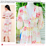 White Marigold Pink & Magenta Poppy Floral Print Puff Sleeve Midi Dress with Optional Belt