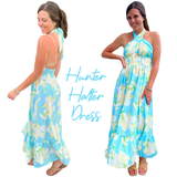 Aqua Hydrangea Print Smocked Hunter Halter Dress