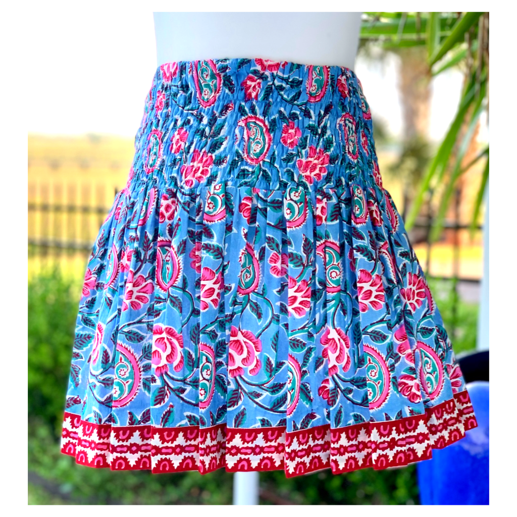 Sky Pink & Blue Block Print Smocked Ruffle Skirt - James Ascher