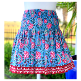 Sky Pink & Blue Block Print Smocked Ruffle Skirt