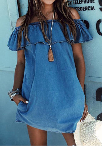 Off The Shoulder Denim Dress with Ruffle