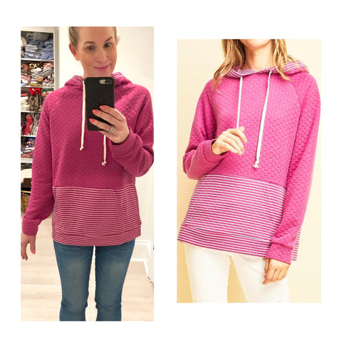 Hot Pink Diamond Quilted Hooded Sweatshirt with Stripe Contrast & Kangaroo Pocket