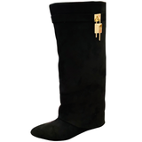 Black Suede 3” Hidden Wedge Heel Piper Boots with Gold Buckle Detail