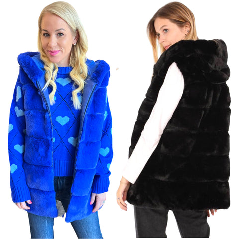 Royal Blue or Black Faux Fur Hooded Virginia Vest