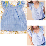 Blue Flutter Sleeve Top With Yellow Smocking Shoulder Embroidery