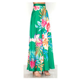 Green Satin A-Line Floral Print Midi Skirt with Banded Waist