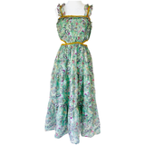 Green Metallic Floral Ruffle Trim Calista Dress