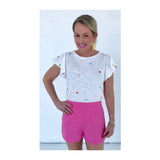 White Embroidered Multicolor Dot Knit Tee