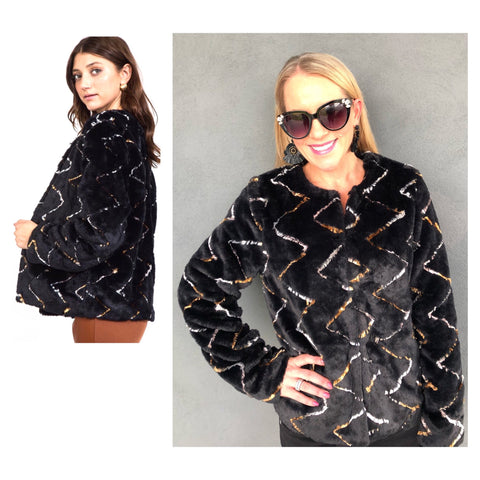 Black Faux Fur Jacket with Silver & Gold Fur Accents