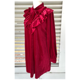 Red Velvet Shirred Ruffle Joyful Dress with Keyhole Back