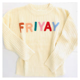 Cream Knit FRIYAY Sweater with Textured Chenille Lettering