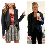 Black Pleated PU Leather Open Front Jacket with Zipper Sleeves & Shawl Style Lapel