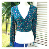 Teal & Blush Satin Leopard Print Button Down Top with Smocked Back
